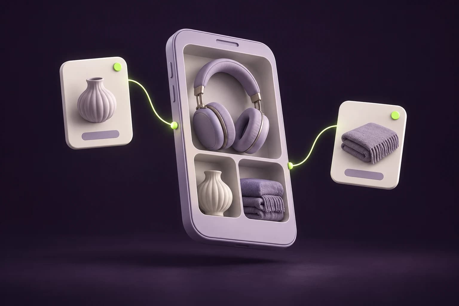 Ilustração tridimensional de uma vitrine digital com produtos e cartões conectados por um fio lime